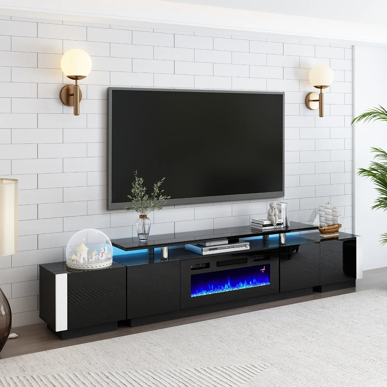 VanAcc 110" Fireplace TV Stand Set with 36" Electric Fireplace, Includes 70" Fireplace TV Stand, 2 End Tables, High Gloss TV Console Table w LED Light