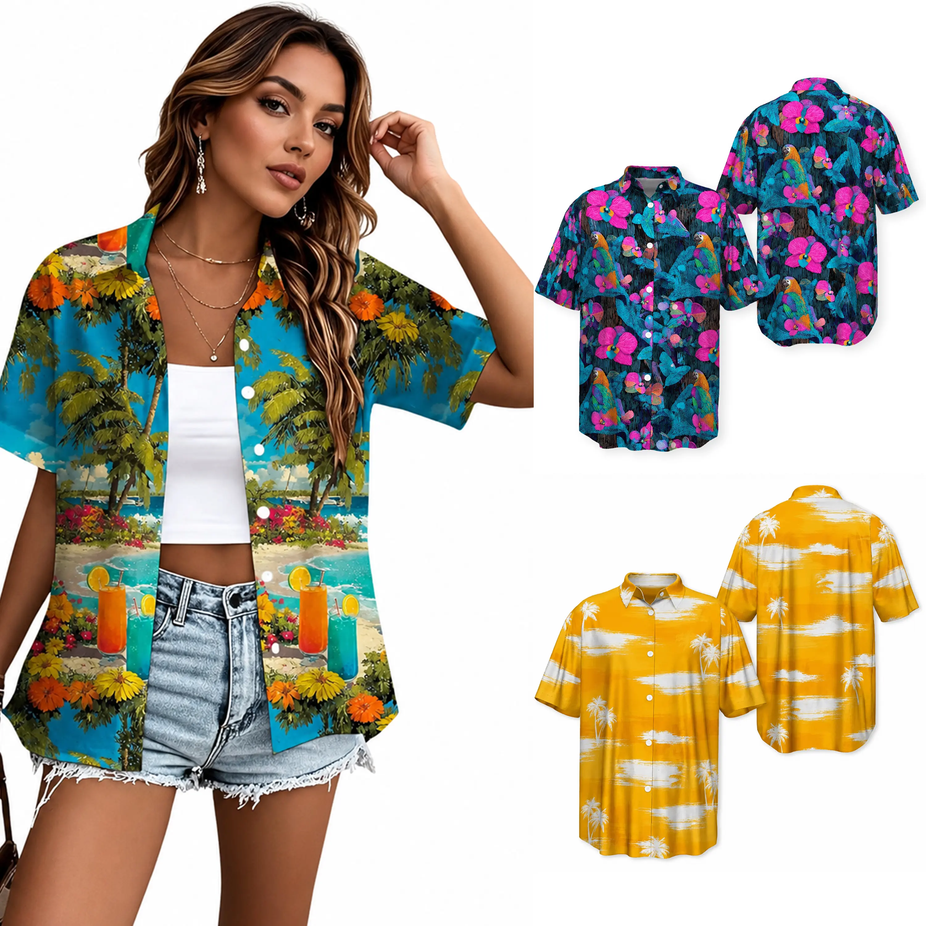 Women's Loose Fit Hawaiian Tropical Print Short Sleeve Button Down Blouse - Stretch Lightweight Fabric, Island Floral Aloha Style, Dress Casual Resort Top for Travel Cruise, Sizes 2XS-6XL