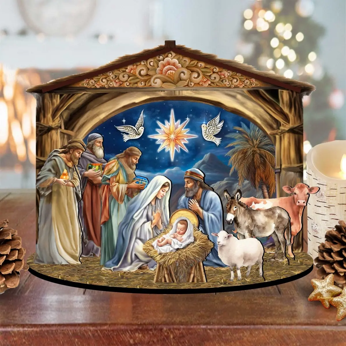 Designocracy 852761-10 8.5 in. Wood 3D Jesus Figure Religious Decoration Set with Angel Figurine, Nativity Scene Decorative Village Holiday Home Decor