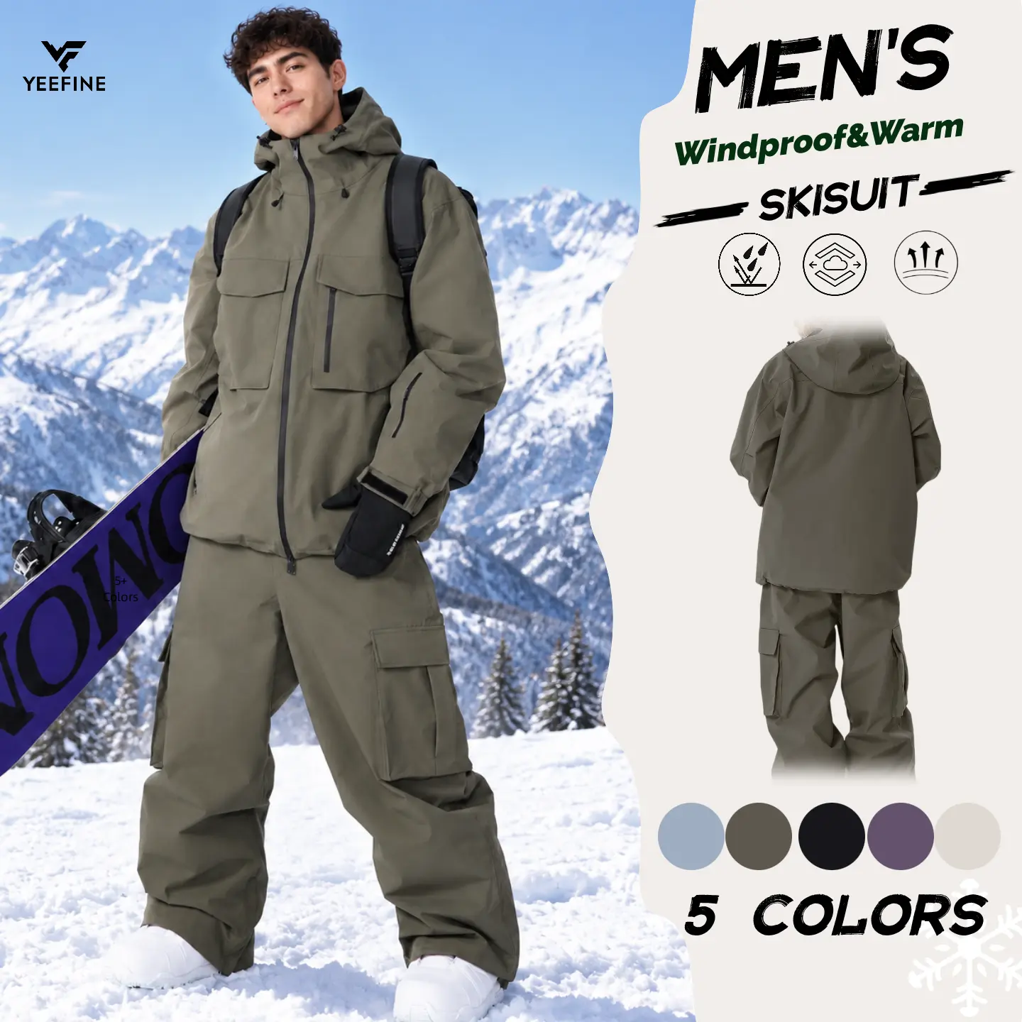 YEEFINE Men's 2-Piece Insulated Waterproof Snowsports Suit Loose-Fitting Activewear, Professional Winter Outdoor Jacket & Pants