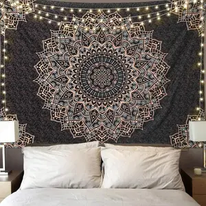 Tapestry  Black Mandala Tapestry Wall Hanging - Bohemian Wall Art for Bedroom, Living Room, Dorm Room & Home Decor with Floral Design Flowers