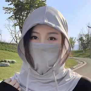 Summer UV Protection Face Mask Hat Combo, Adjustable Drawstring Design, Breathable Ice Silk Material, Unisex Cooling Headwear