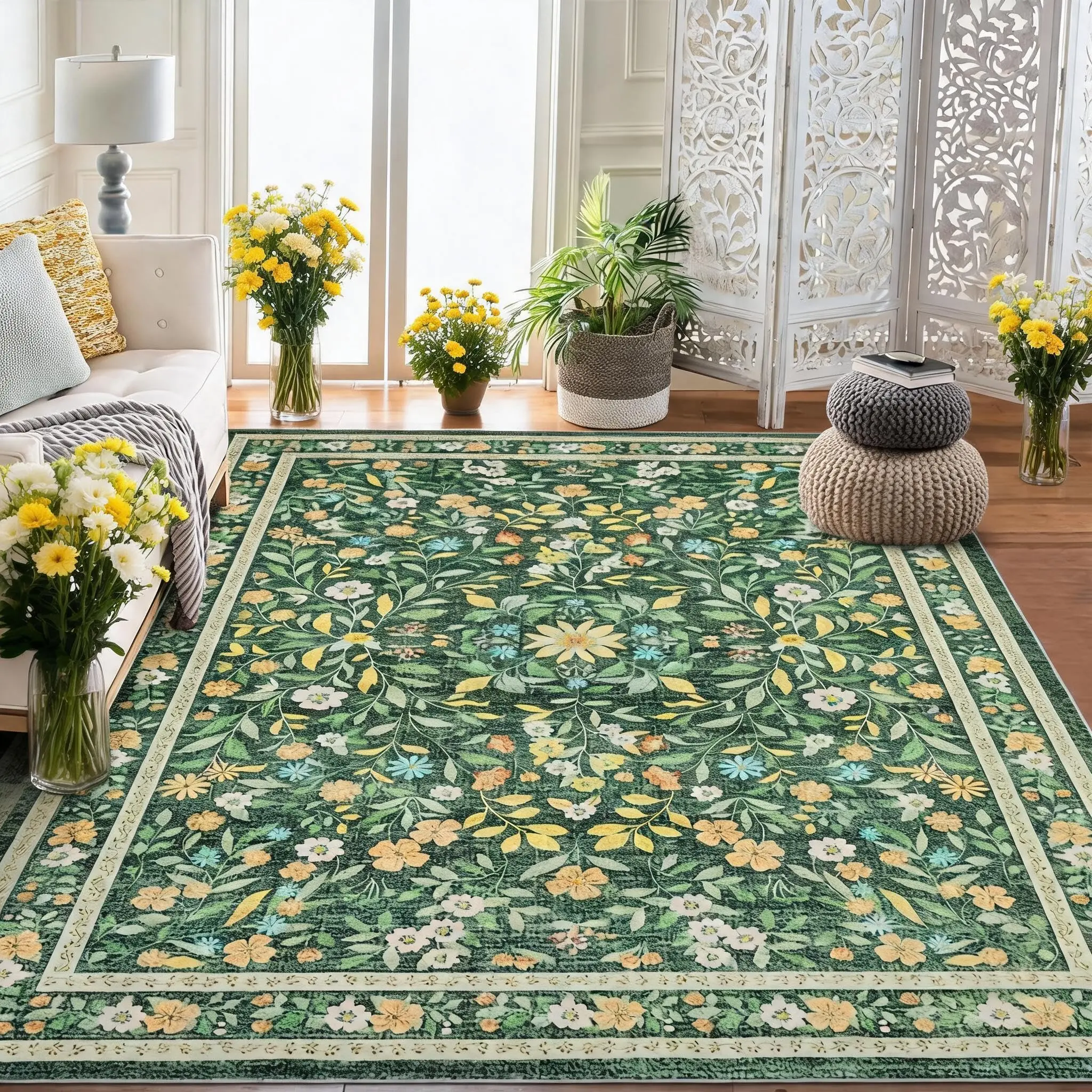 5*7FT Washable Rug Floral Area Rugs for Living Room Non Slip Ultra Thin Boho Flower Indoor Floor Carpet for Girls Room Nursery Playroom