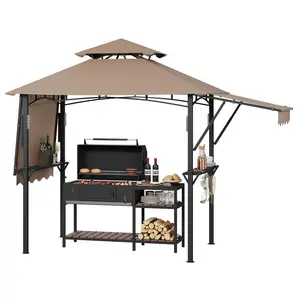 8x5 Grill Gazebo Outdoor BBQ Canopy, Double Tier Patio Grill Shelter with Adjustable Dual Side Awnings, 2 Handy Shelves, Hooks & Ceiling Light Hook, Heavy Duty Steel Frame for Backyard-Khaki