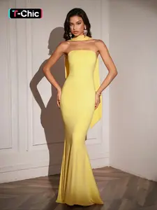 Parthea Solid Color Strapless Halter Neck with Ribbon Decoration Elegant Mermaid Hem Tube Dress,Long Dress Suitable for Formal Occasions, Evening Parties, Fashion Dinners, and Gatherings.