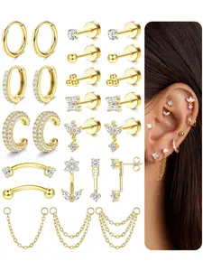 24 Pcs Golden Multi-Style Flat Back Chain Hoop Earrings for Women Men Premium Surgical Steel Soft Copper with Beautiful Shining CZ for Modern Trendy Vibes All-round Piercing Set Daily Studs Stylish Chain Link Hoop Designs for Cartilage Ear Piercings