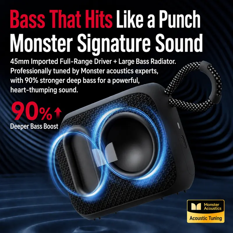 Monster S520 Compact Portable Wireless Bluetooth Speaker - Deep Bass Audio Device with IPX7 Waterproof, Bluetooth 6.0, 16H Playtime, TWS Stereo Pairing, Hands-Free Calls, Sound Upgrade for Beach, Camping (Audio, Mini Instant, Modern) Monster S520 Compact Portable Wireless Bluetooth Speaker - Deep Bass Audio Device with IPX7 Waterproof, Bluetooth 6.0, 16H Playtime, TWS Stereo Pairing, Hands-Free Calls, Sound Upgrade for Beach, Camping (Audio, Mini Instant, Modern)