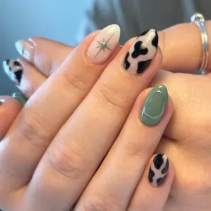 24pcs Almond Shape Full Cover False Nails Set, Colorblock Cow Print & Striped Design, Glossy Finish, Includes Gel Glue & Nail File, Nail Kit Set