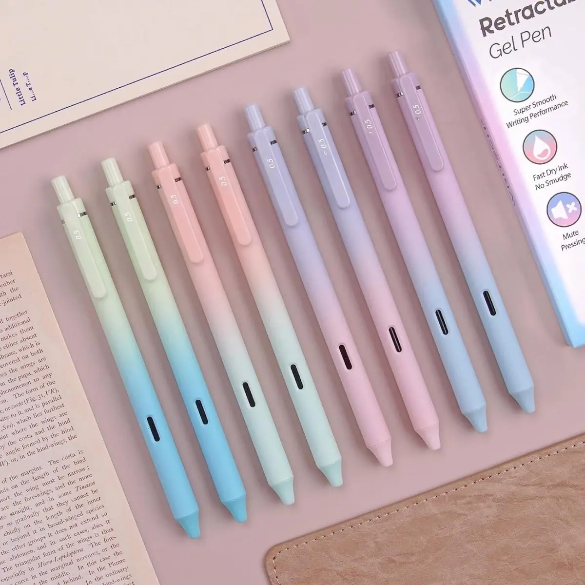 Retractable Gel Ink Pens:Black Ink 0.5mm Fine Point Tip Pen Comfort Grip Smooth Writing with Aesthetic Gradient Color Barrel for Journaling Note Taking Sketching No Bleed & Smear