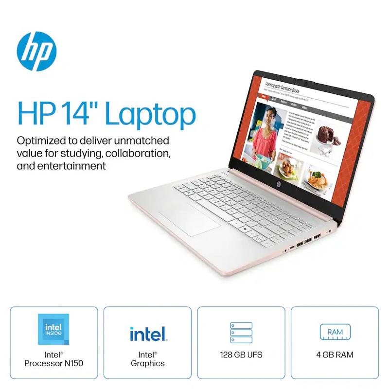 HP 14 Laptop Computer 2026 Ultra Light, AI Copilot Student Business, Quad-Core Intel, 4GB RAM, 128GB Storage, 1 Yr Office 365, 12 Hr, Win 11S, Rose Gold