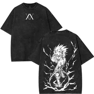 Hunter x hunter HXH Killua Zoldyck Anime Manga Game Double Printed Acid Washed Tee Menswear graphic tee Top Distressed fringe hem