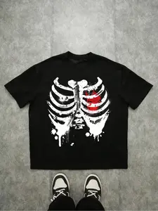 Men's Skull Skeleton Graphic Print Round Neck Fitted T-Shirt, Casual Streetwear Short Sleeve Top, Comfortable Durable Fabric, Suitable for All Seasons