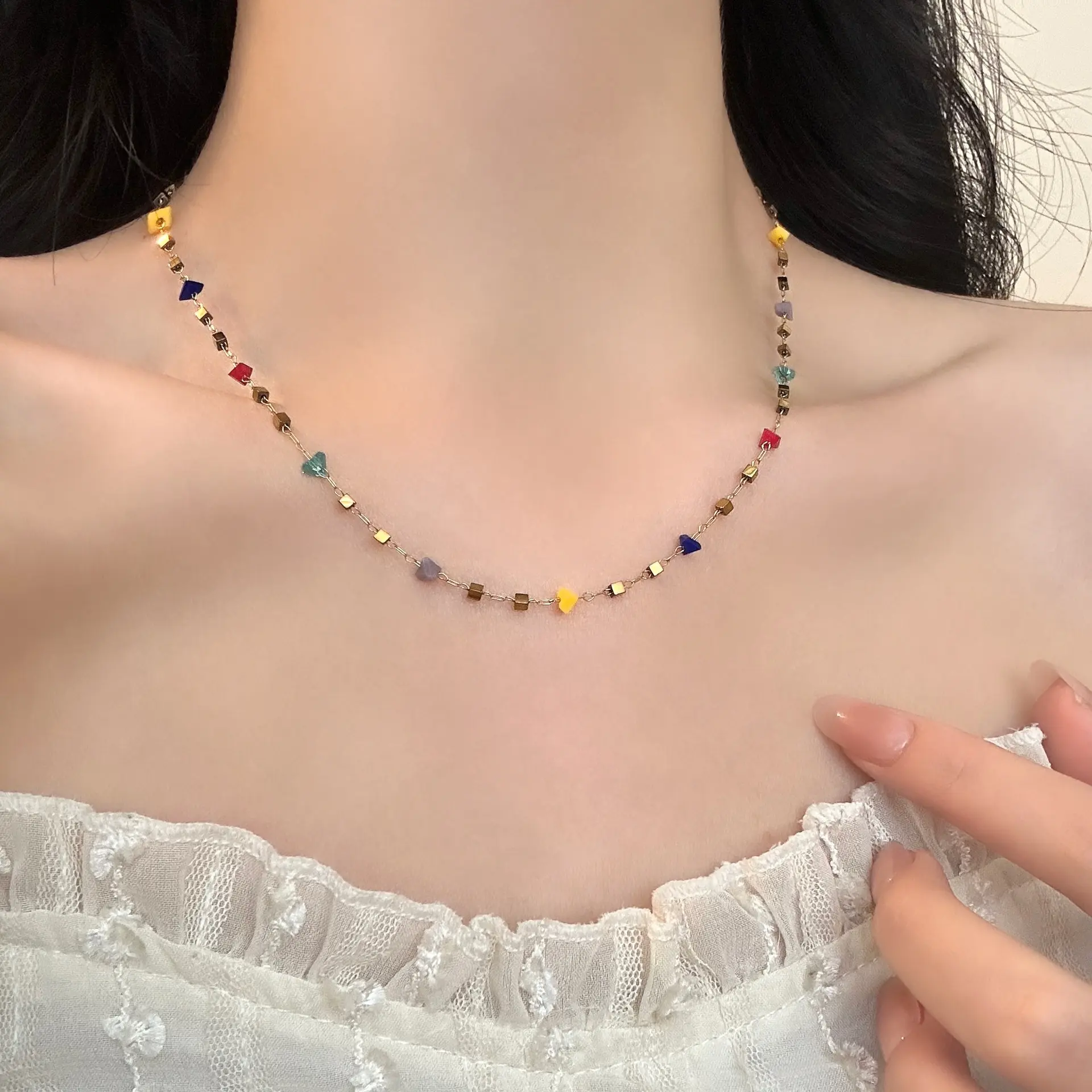 Beaded Neck Jewelry Sets, Colorful Niche Design Titanium Steel Choker Collarbone Chain & Bracelet Set, Choker Necklace Jewelry Sets