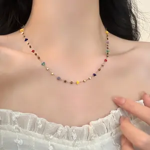 Colorful beaded necklace niche design titanium steel collarbone chain and bracelet set