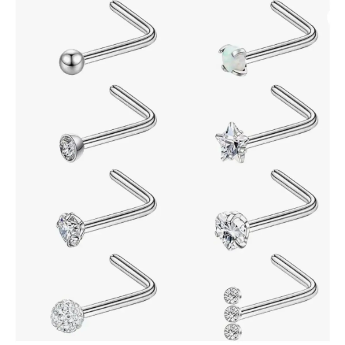 8 Piece Stainless Steel Nose Studs, 20g Hypoallergenic Safety Piercings for Female & Men, L-Shaped & Push-In Flat Back Set with CZ Star Design, Fade Resistant, Nose Piercing