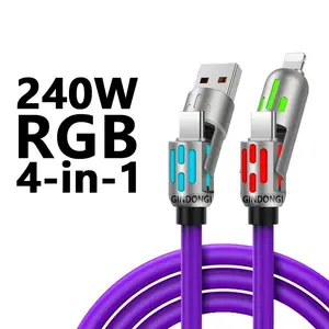 4 in 1 Multi-Function USB Charging Cable - MAX 240W Fast Charging/Charger Cable, Data Transfer with USB A + Type C, for Iphone Ipad, Samsung Galaxy Macbook Ipad Tablet, Smartphone Cellphone Device Durable Lightning Electronic