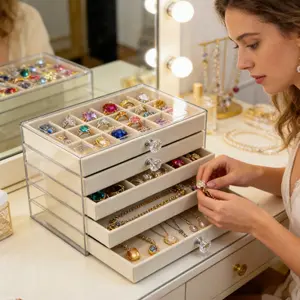 Acrylic Earring Holder Organizer, Clear Jewelry Storage Box with 5 Velvet Drawers, Removable Dividers for Stud Earrings Rings Necklaces Bracelets, Dustproof Stackable Display Case for Vanity, Dresser, Makeup Table and Bedroom