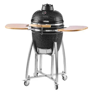 VEVOR Charcoal Smoker and Grill, 18 Kamado Charcoal BBQ Smoker, Movable Ceramic Barbecue Grill with 4 Wheels (2 Lockable), Built-in Thermometer, Air Vents Side Shelf for Outdoor Patio Yard Cooking