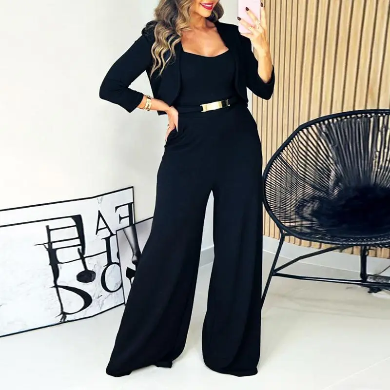 CHICME Women's 2 Piece Set Square Neck Thick Strap Back Zipper Cinched Waist Wide Leg Jumpsuit and Casual Crop Cardigan Summer to Fall Outfit