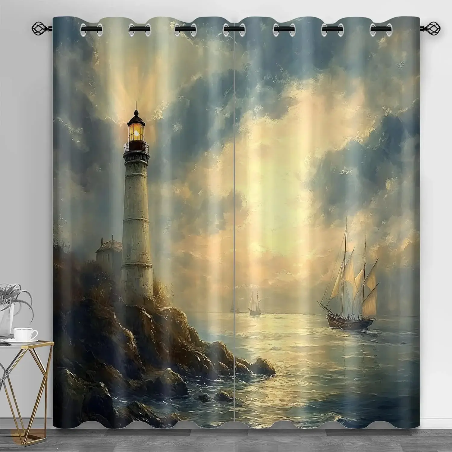 Lighthouse 3D Printed Curtains 40 inch Long, Vintage Sailing Window Treatments for Bedroom, Grommet Curtains for Kitchen, Ocean Window Drapes, Lighthouse Home Decor, 2 Panels