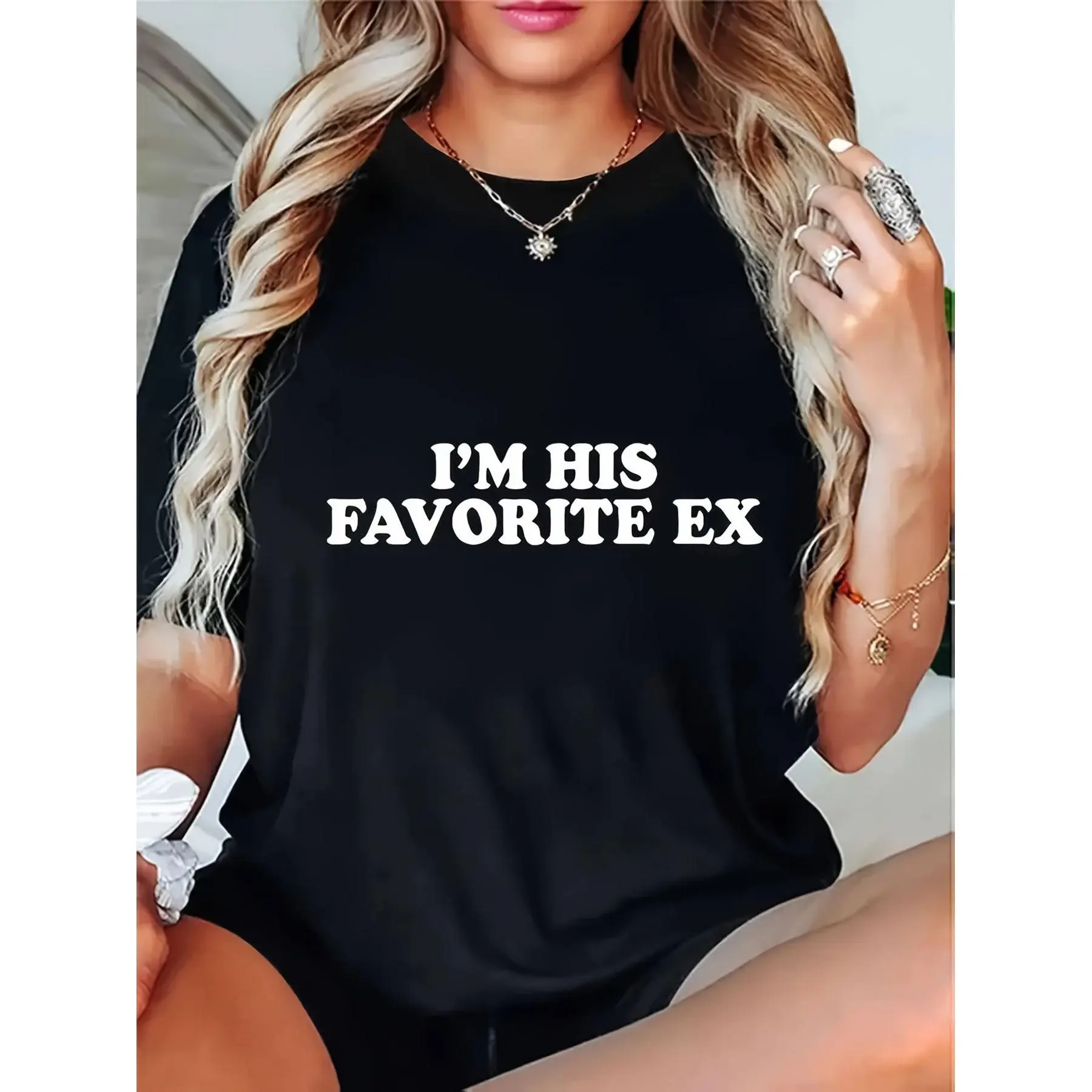 Women's Casual "I'm His Favorite Ex" Slogan 100% Cotton Short Sleeve Round Neck Digital Print Tshirt