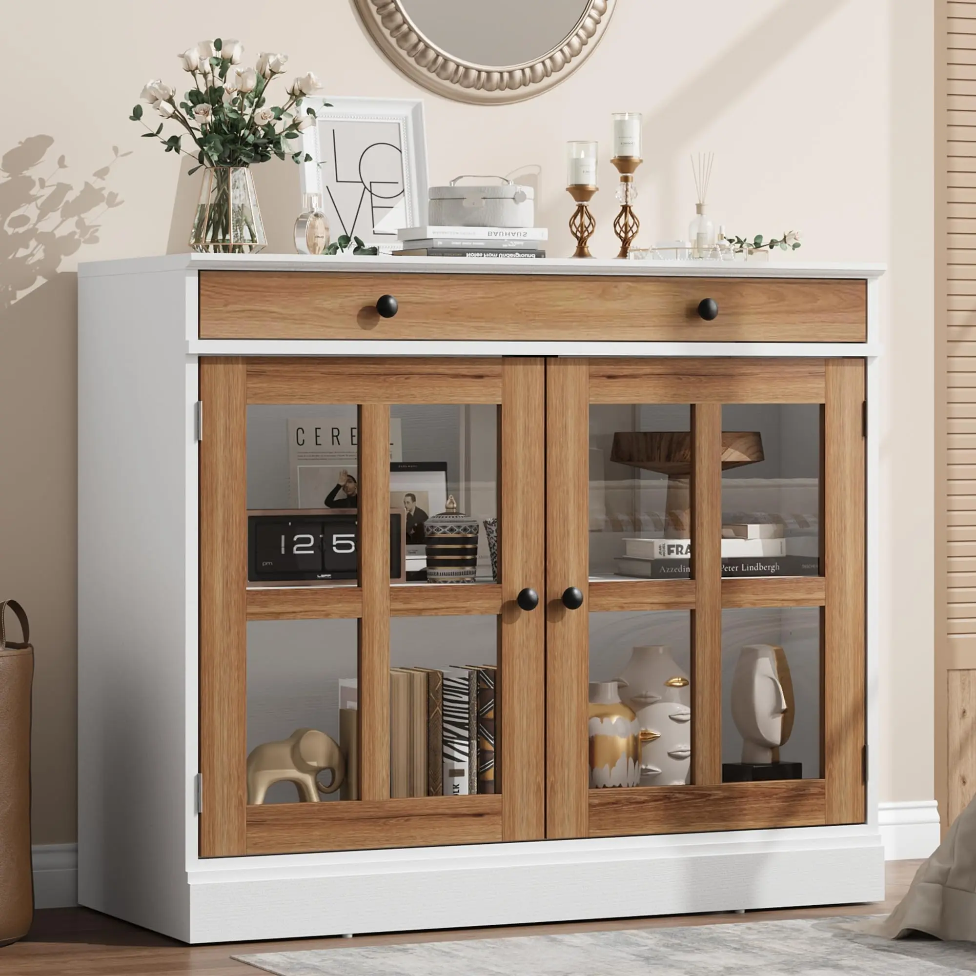 Modern 35.4in Glass-Door Sideboard Buffet Cabinet with Drawer, Adjustable Shelf, Compartments - Dining Room Furniture for Living Room Kitchen Storage