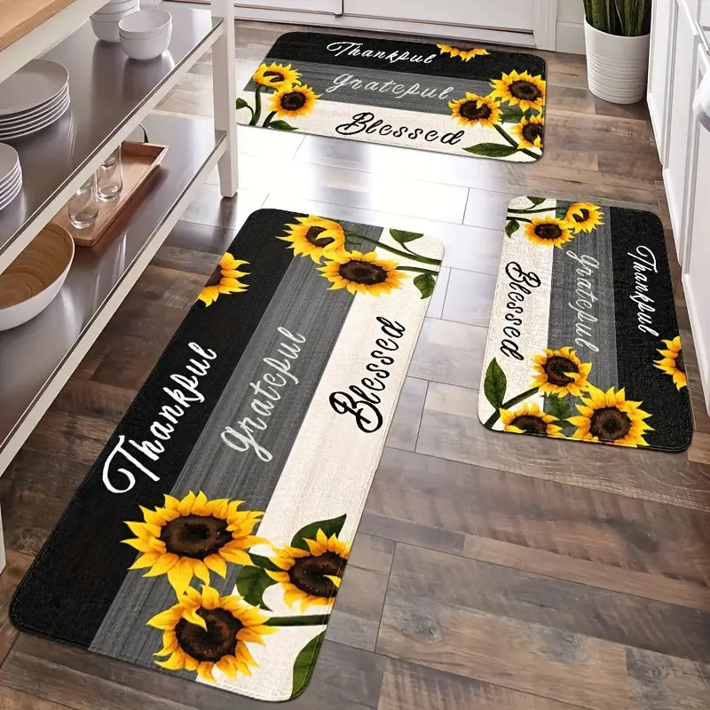 [2/3pcs Sunflower Farmhouse Rug Set] 2/3pcs Sunflower Farmhouse Kitchen Rug Set, Vintage Style Spring Rectangular Mats, Non-Slip Velvet Carpet, Machine Washable, for Bedroom, Living Room, Dining, Kitchen, Bathroom