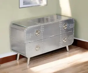 212 MAIN 44 in. Silver Aluminum Enclosed Storage TV Stand - Aviator Look Media Center with Patchwork Metal and Hidden Drawers