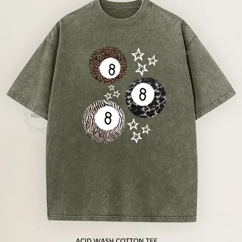 Holafish Women's Acid Wash T-Shirt, 8 Ball Leopard and Stars Print on Soft Breathable Cotton, Unisex Summer Staple for Everyday Wear summerwins