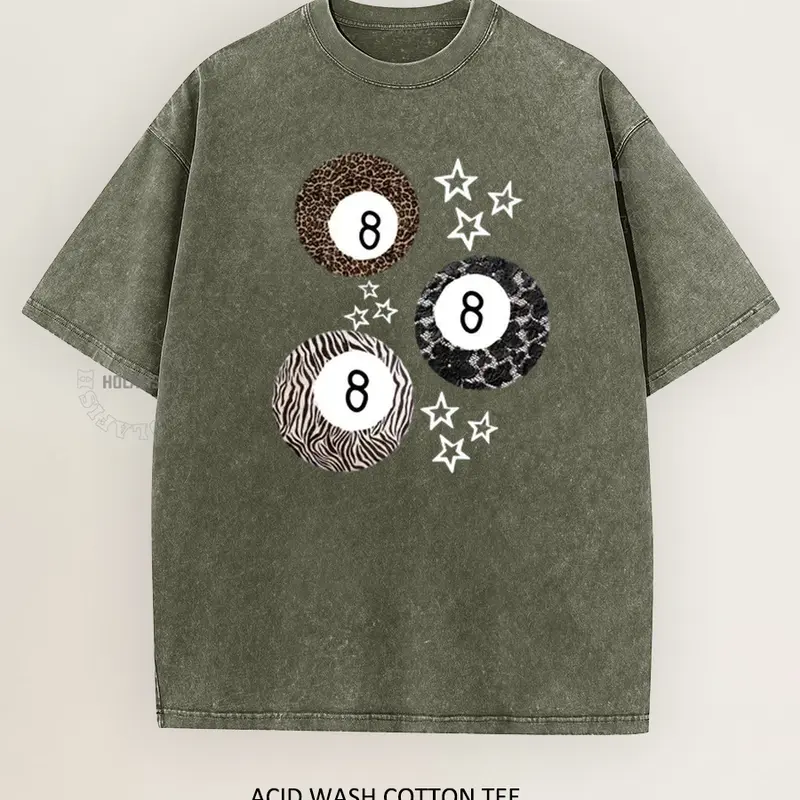 Holafish Women's Acid Wash T-Shirt, 8 Ball Leopard and Stars Print on Soft Breathable Cotton, Unisex Summer Staple for Everyday Wear summerwins