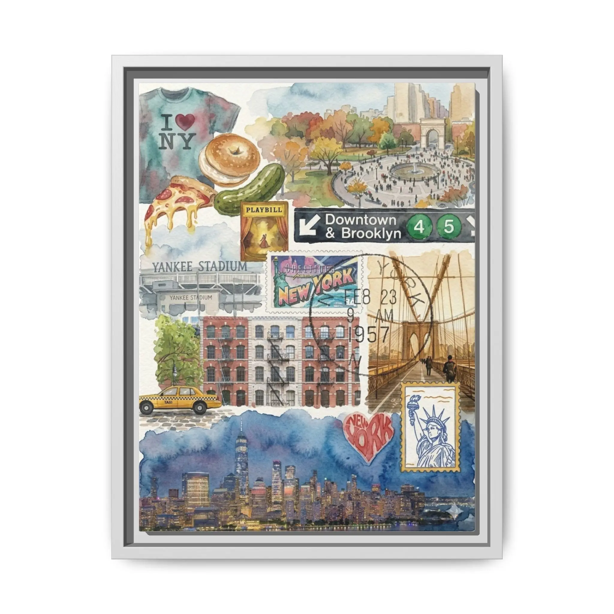 Artistic New York City Landmarks Matte Canvas Artwork - Customizable Wood Framed Prints, Collage-Illustrated Watercolor Decorative Frames Prints, Colored Food-Themed Home Wall Hanging Decor for Living Spaces, Illustrated Prints