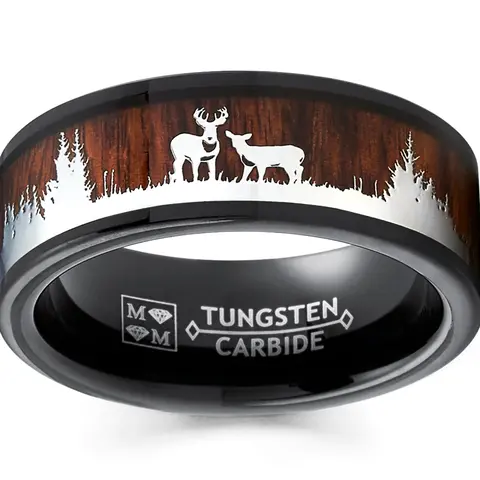 Men's 8MM Black Tungsten Carbide Animal Theme Ring - Deer Scene Band, High-Polish Shine, Hypoallergenic, Scratch-Resistant, Modern Hunter Accessory, Ideal Birthday Gift for Him, Men's Gift Ideas, Comes with Complimentary Ring Box