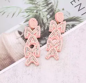 Mama Earrings - Pale Pink Fashion Accessories with Mama Spelled Down in Soft Pink Color Design