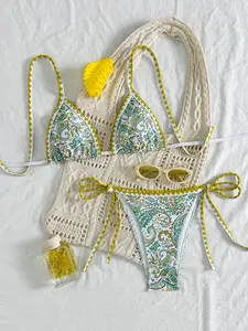 Women's Bikini Set, Floral Print Design, Strapless Style, Split Thigh Cut Out, Summer Beachwear Swimwear, Comfortable & Stylish