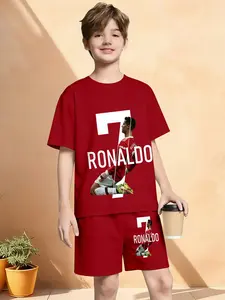 Boys Bottom Manchester United Ronaldo Celebration Shirt & Short Set, Large Number 7 Print, Casual Summer for Parties