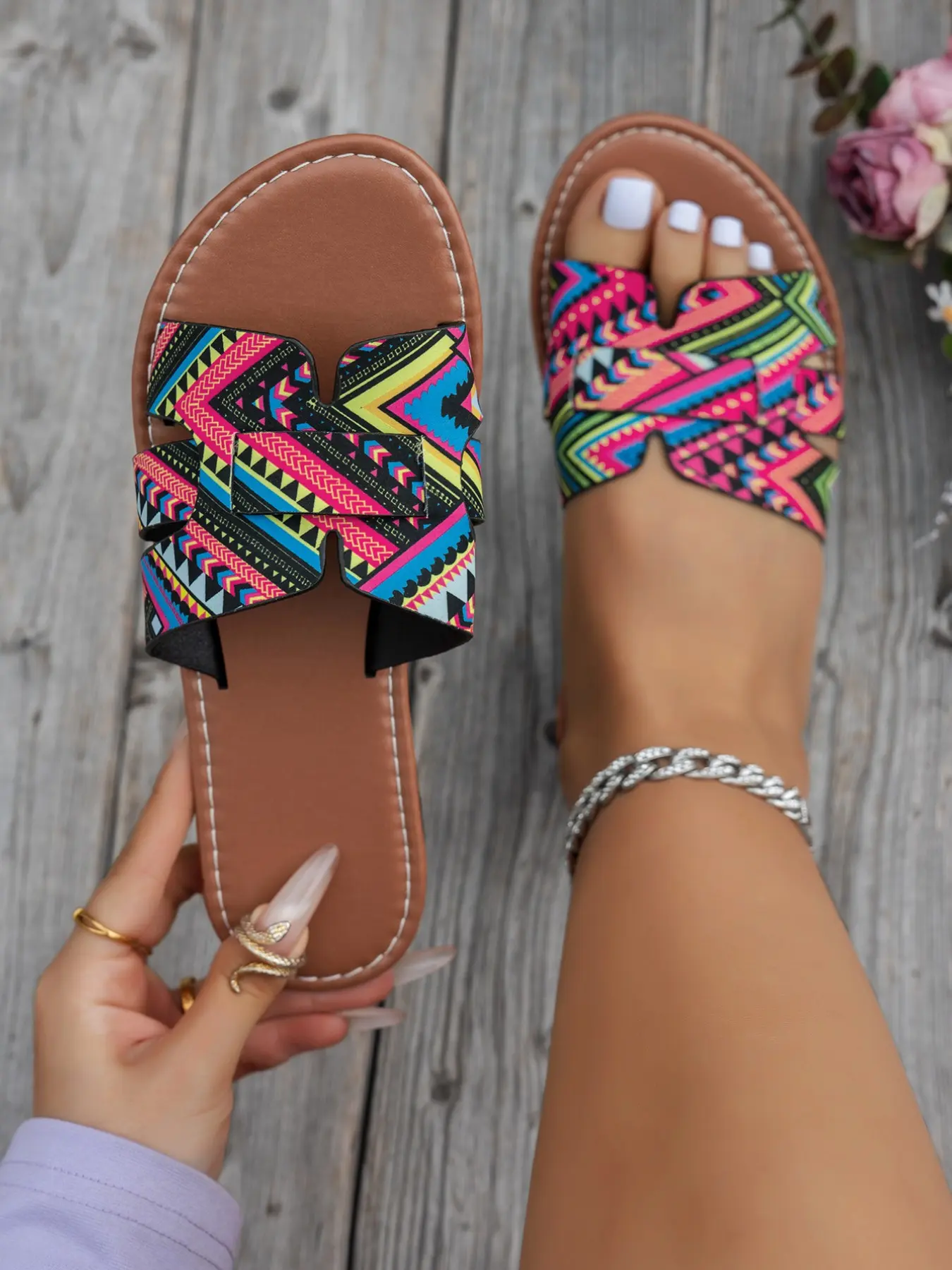 Boho Style Colorblock Sandals, Ethnic Print Slip-Ons, Non-Slip Soft Sole, Summer Beach Shoes, Casual Retro Vacation Flip Flops for Women, Colorblock Design Sandals, Bohemian Style Sandals