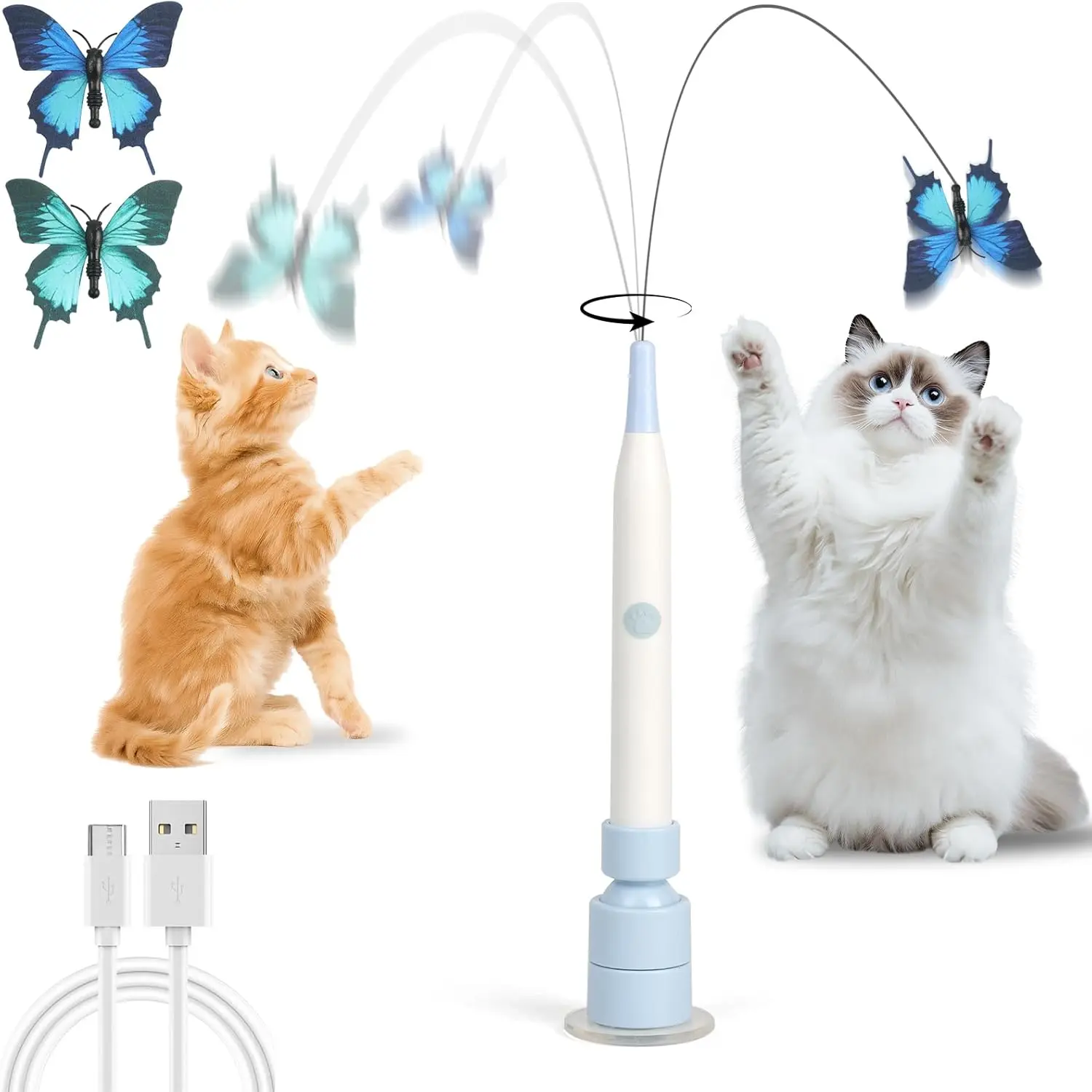 Interactive Butterfly Wand Cat Toy – USB Rechargeable, Auto Spin & Jump with Trigger Sensor, Dual Play Modes (Self-Play & Handheld), Suction Cup Mount – Fun for Indoor Cats & Kittens, Keeps Cats Active