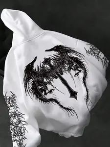 Unisex Dark Style Graphic Hoodie, Sweatshirts, Gothic Cross Sweatshirt, Long Sleeve, Adjustable Drawstring Design, Fall & Winter Loose Fit Casual Top, Streetwear Fashion