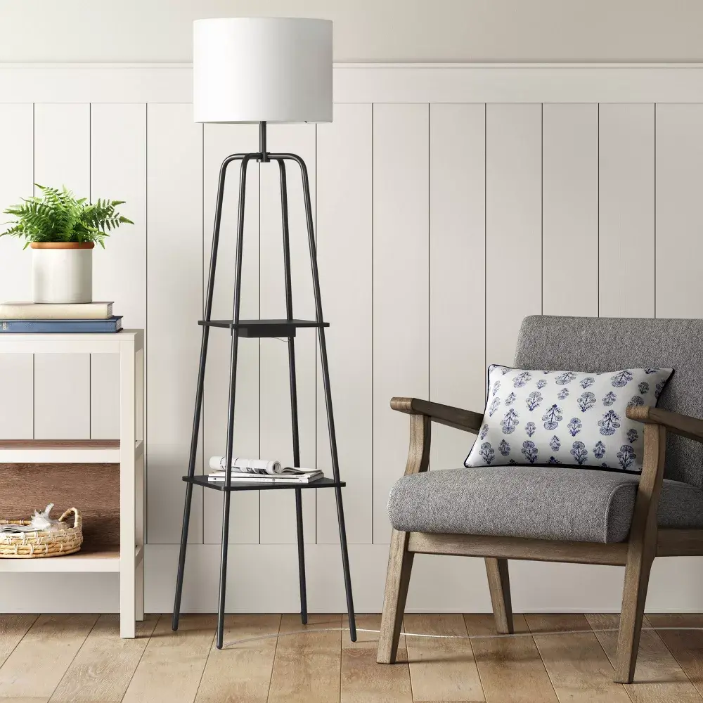 20" Etagere Power Source Shelf Floor Lamp Black Metal/Wood - Threshold: USB Port Modern Design, Light Lamp, Decorative Floor Lights