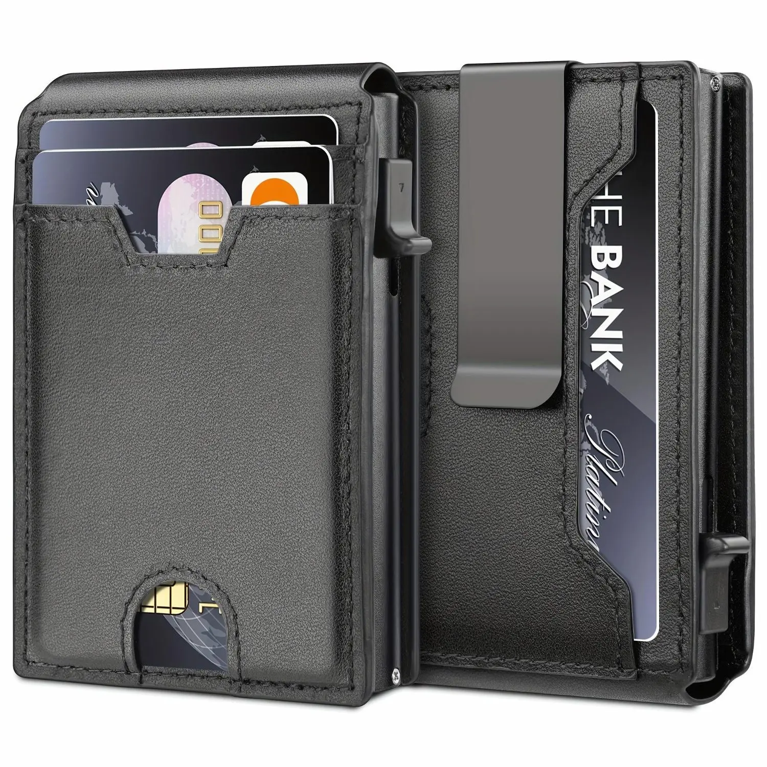 Wallet for Men, Mens Minimalist Wallet, Slim Compact Wallet with Money Clip & ID Window, RFID Blocking Smart Pop Up Card Wallet, Metal Aluminum Bifold Wallet Credit Card Holder