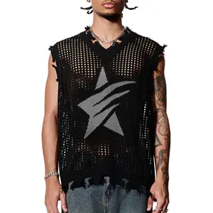 HYPESTFIT Men's Ripped Hollow Out Transparent Star Distressed Grunge Tank Top