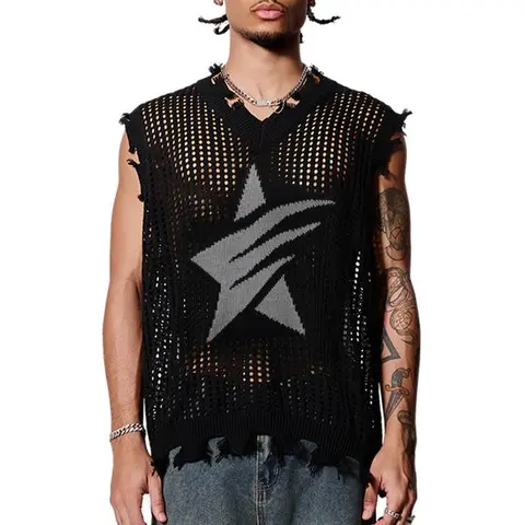 HYPESTFIT Men's Fitted V-Neck Knit Tank Top - Polyester, Stretch, Ripped, Hollow-Out, Sheer, Star-Print, Distressed, Grunge Graphic Sleeveless Galaxy Vest (Hand Wash/Dry Clean Only) | Knitwear, Mensfashion, Sexy Holiday Daily Wear with Edge Menswear