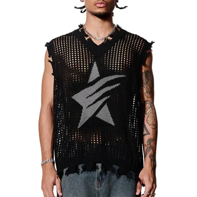 HYPESTFIT Men's Fitted V-Neck Knit Tank Top - Polyester, Stretch, Ripped, Hollow-Out, Sheer, Star-Print, Distressed, Grunge Graphic Sleeveless Galaxy Vest (Hand Wash/Dry Clean Only) | Knitwear, Mensfashion, Sexy Holiday Daily Wear with Edge Menswear
