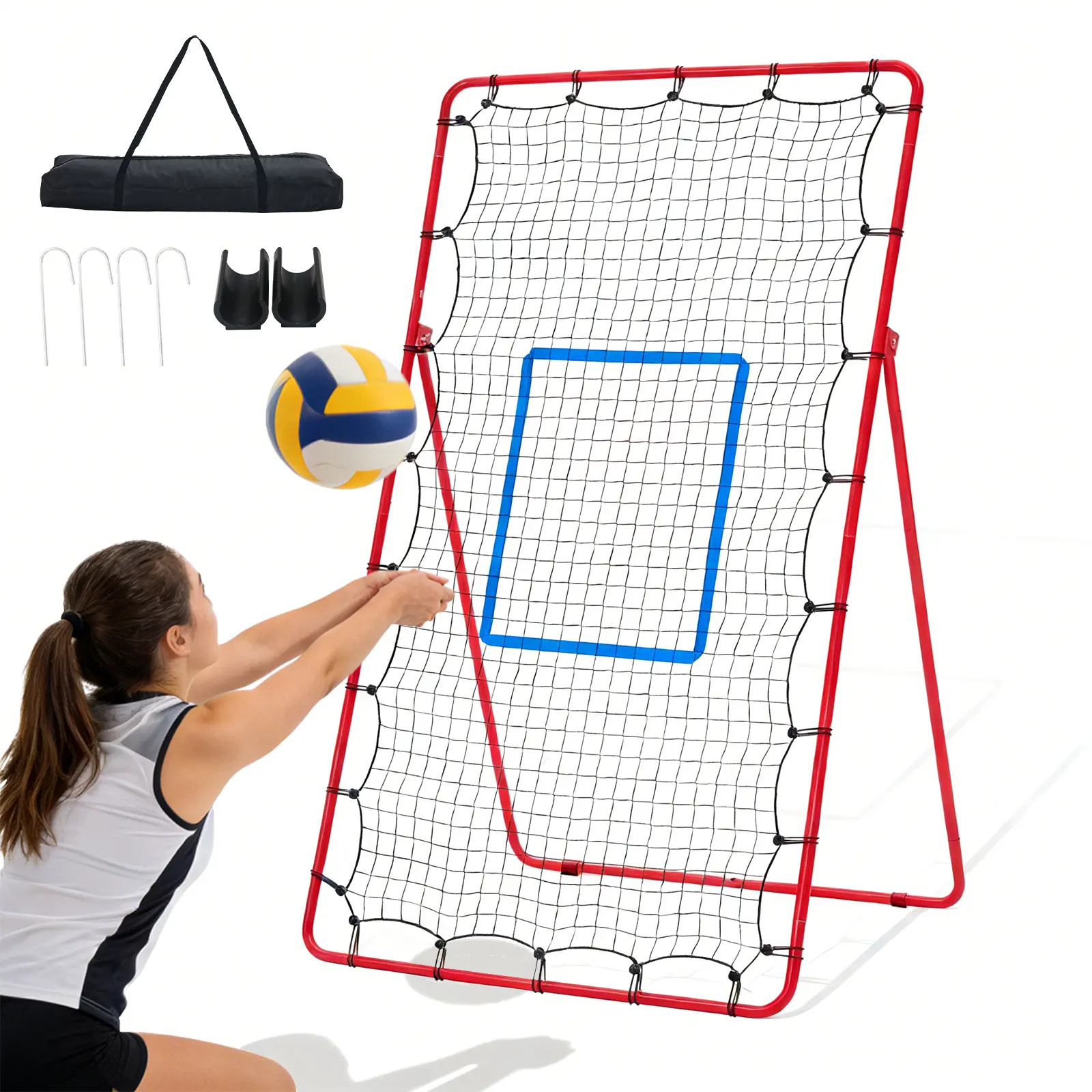 Sweetcrispy Volleyball Net Set, 7x4 ft Steel Frame High-Tensile Mesh Rebounder, 5-Angle Real Hits, All-Sport Bounce, Portable Bag, Outdoor Volleyball Nets Weather Resistant, All Ages, Multi-Sports Use