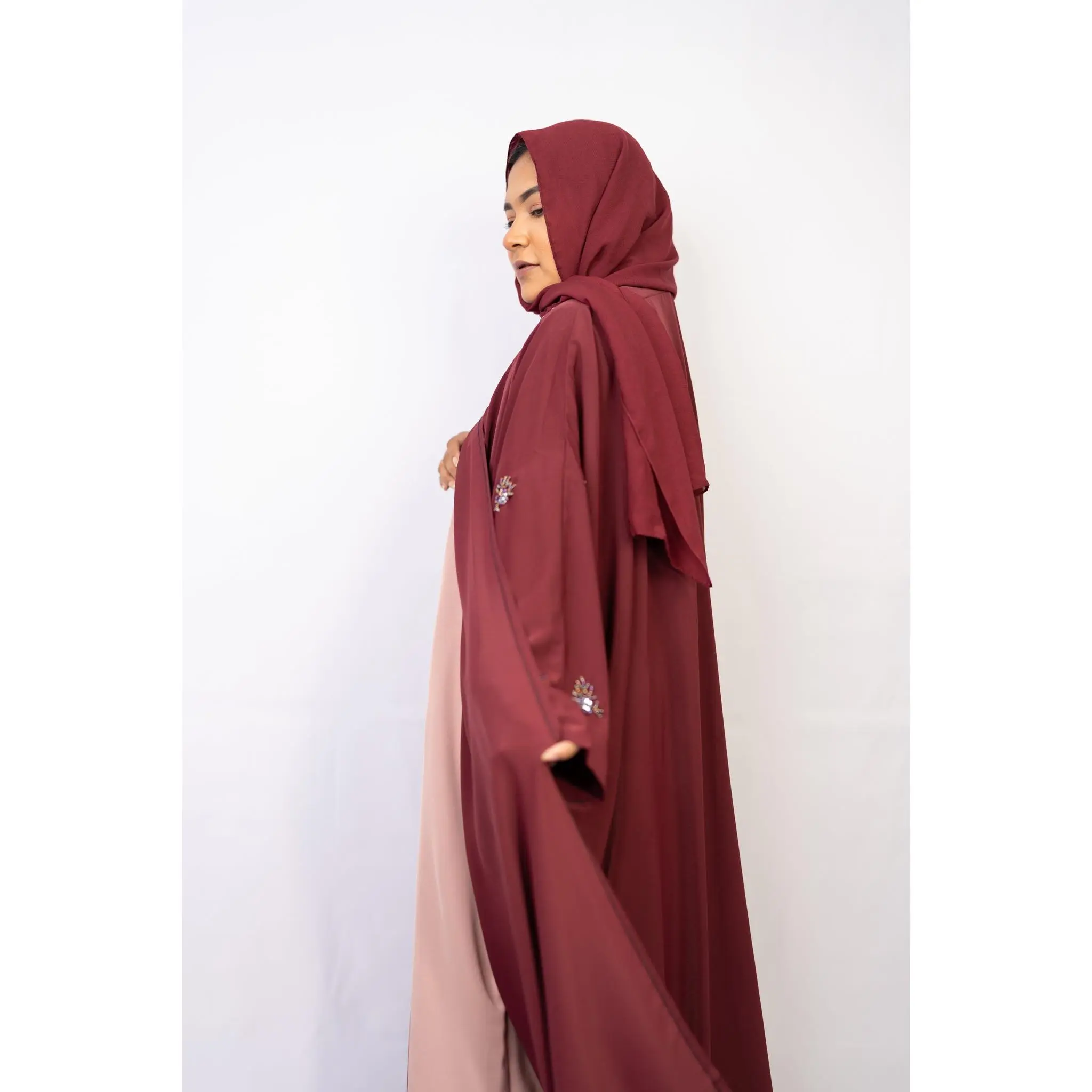 Maroon Farasha-Style Flowy Abaya Set (3-Piece)