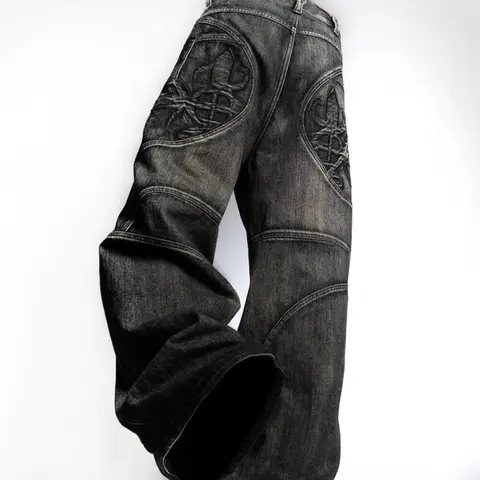 Men's Embroidered Jeans, Loose-Fit Wide Leg, Mid Waist, Floor Length, Casual Street Style, All Seasons, Comfortable Workwear