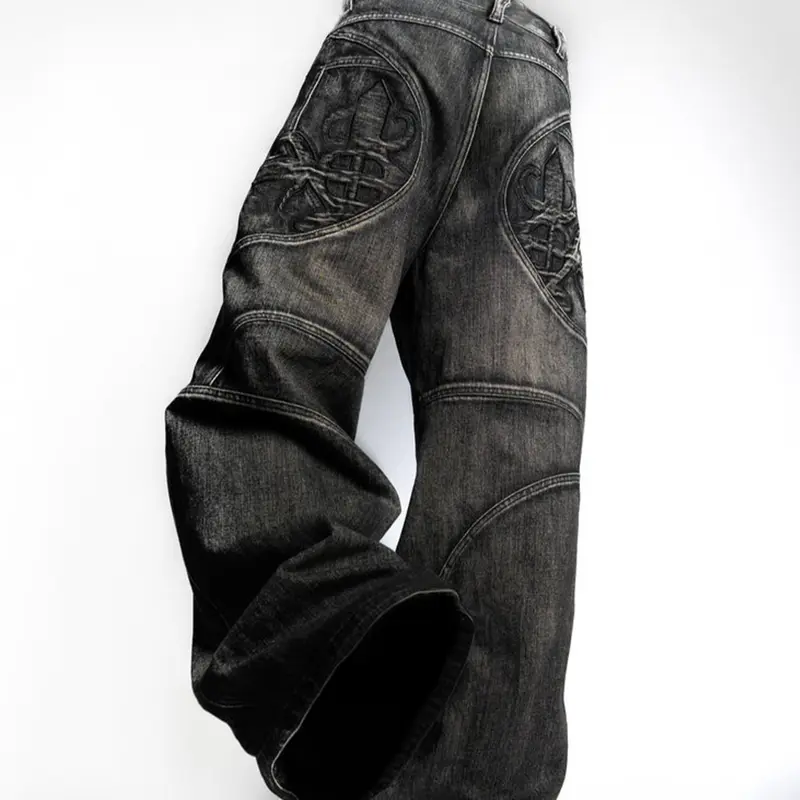 Men's Embroidered Jeans, Loose-Fit Wide Leg, Mid Waist, Floor Length, Casual Street Style, All Seasons, Comfortable Workwear