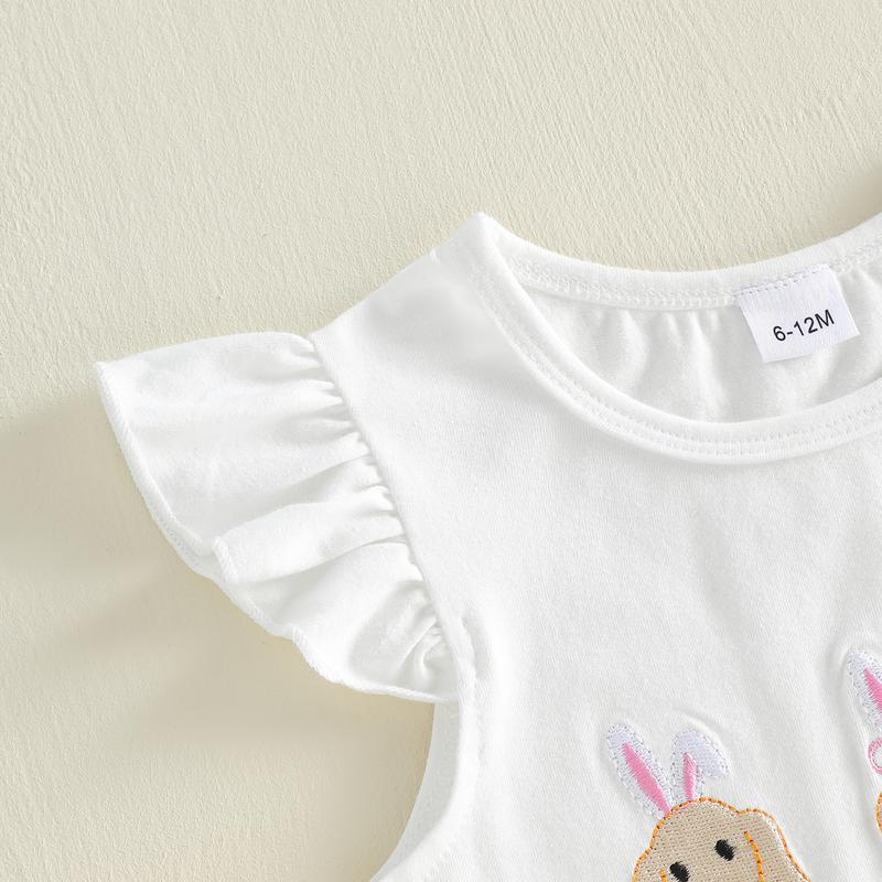 Little Kids Toddler Baby Girl Easter Outfit Fly Sleeve Dog Embroidery Shirt Top Stripe Shorts Set Summer Clothes