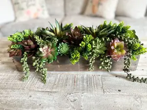 Succulent Centerpiece Faux Greenery Arrangement Wood Tray with Succulents Home Decor Wedding Centerpiece