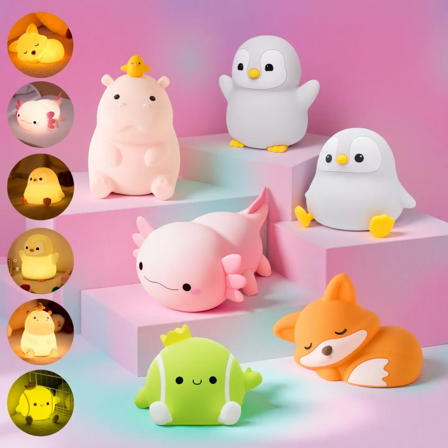 2025 LED Axolotl Night Light - Dimmable Dinosaur/Penguin/Tennis/Hippo/Fox/Capybara/Duck/Ghost Design, USB Rechargeable Silicone Nursery Lamp, Touch-Ac